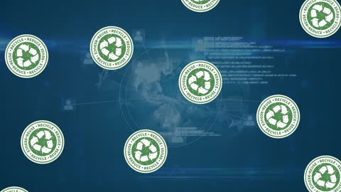 Falling Eco Symbols Over Blue Digital Data Background