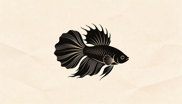 Ornate betta silhouette floating on crumpled beige paper, minimalist monochrome line art