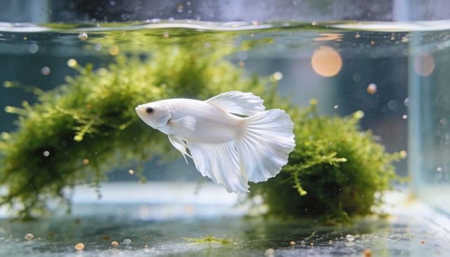 Pearl white betta fluttering translucent fins among java moss in clear aquarium