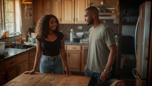 Chatting Couple at Rustic Kitchen Island Table Enjoying Leisurely Moment