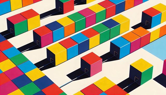 Diagonal color cube tessellation casting long shadows on cream surface, vibrant geometry