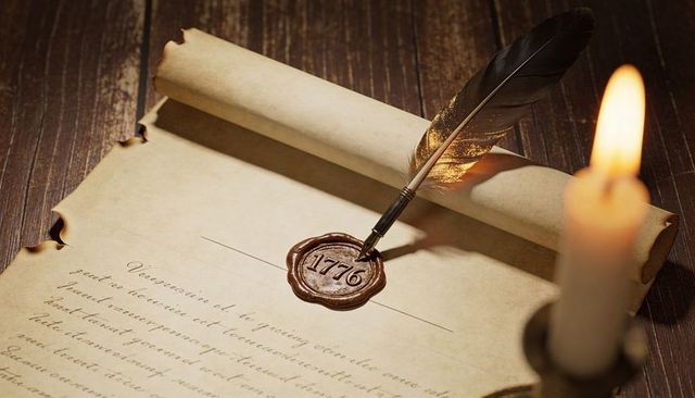 Antique 1776 wax seal on aged parchment with quill and candlelight, scroll manuscript