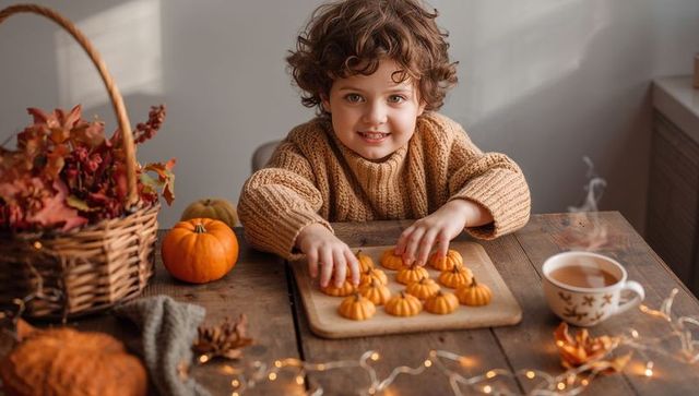 Smiling child arranging pumpkin treats on wooden board in cozy autumn kitchen scene