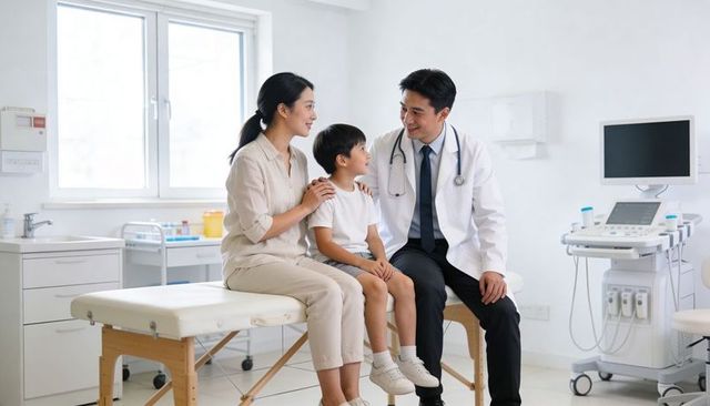 Smiling pediatrician examining and reassuring young boy with mother in bright clinic room