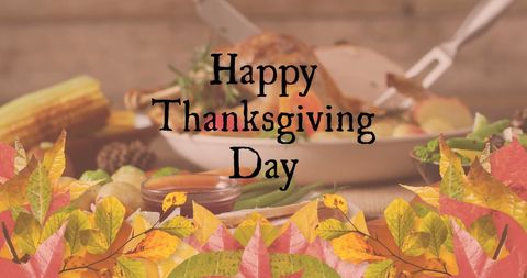 Thanksgiving Celebration with Turkey and Autumn Leaves Background