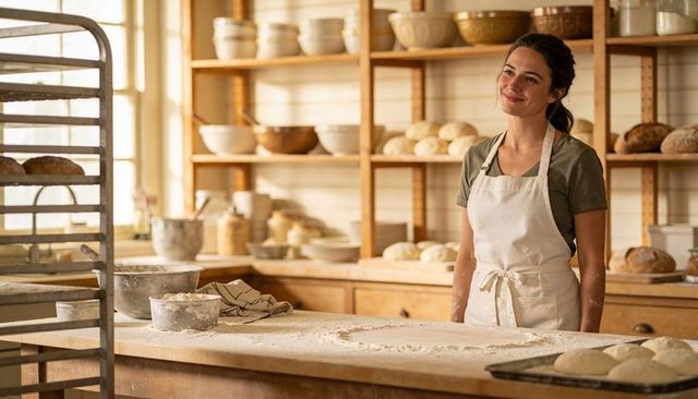 Smiling female baker preparing dough on sunlit rustic wooden counter with artisan loaves