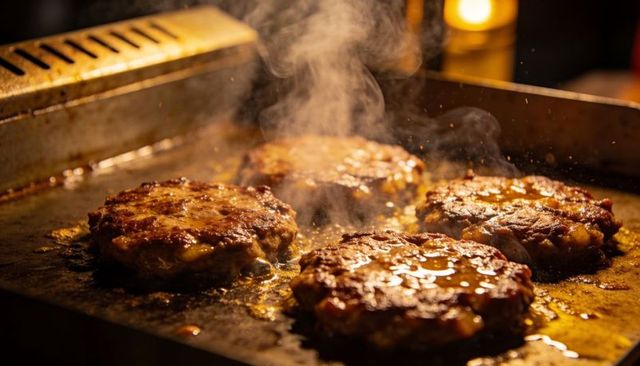 Searing beef burger patties melting cheese on hot flat-top griddle with sizzling juices