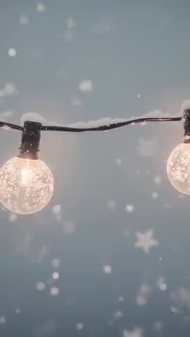 Globe String Lights Glowing, Snow Falling and Collecting on Frosted Sockets Vertical Winter Clip