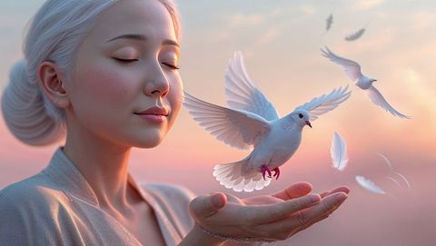 Serene woman with dove in pastel harmony setting, forgiveness concept