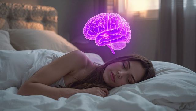 Sleeping woman with glowing purple brain hologram above head illustrating lucid dreaming