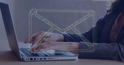 Businesswoman Typing on Laptop with Digital Communication Icon