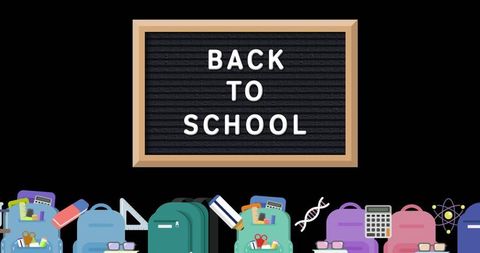 Back to school sign with colorful school supplies and backpacks