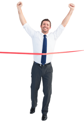 Transparent Businessman Crossing Finish Line with Joyful Expression