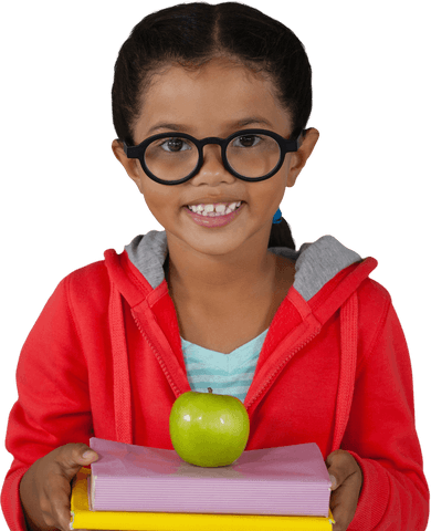 Smiling Girl Holding Books with Apple Overlaid on Transparent Background