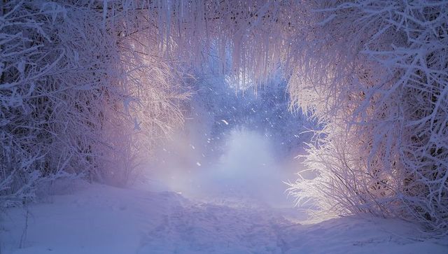 Enchanted frost tunnel backlit snowy forest path with icicles and misty glow