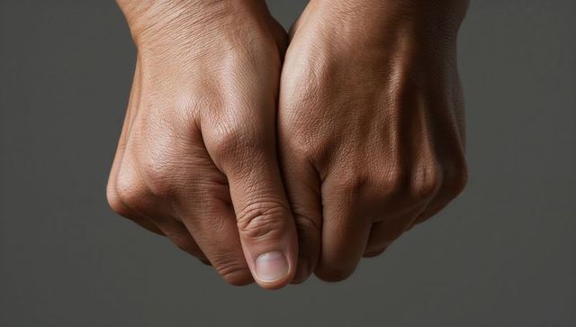 Clasping male hands showing knuckles and skin texture closeup on neutral gray background
