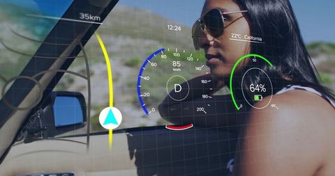Woman Driving in Convertible with Futuristic HUD Display