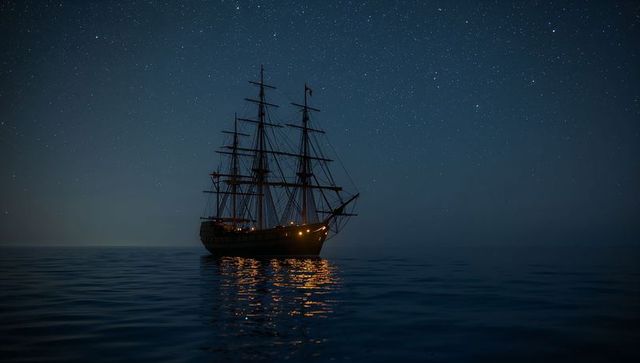 Vintage ship under starry night sky on serene ocean