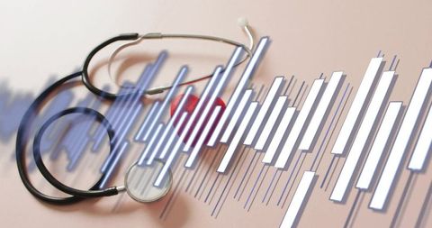 Heartbeat waveform overlay on stethoscope and red heart on pastel pink surface