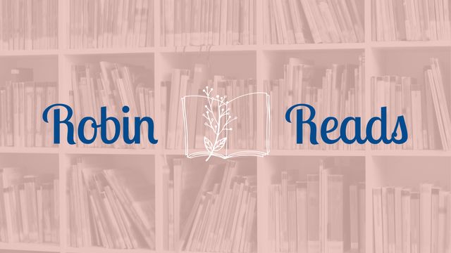 Text promoting Robin Reads logo superimposed over library bookshelves filled with books. Useful for designs related to reading, book clubs, libraries, educational blogs, and literary events.