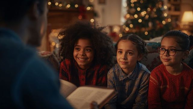 Children Enjoying Storytime by Christmas Tree in Festive Living Room