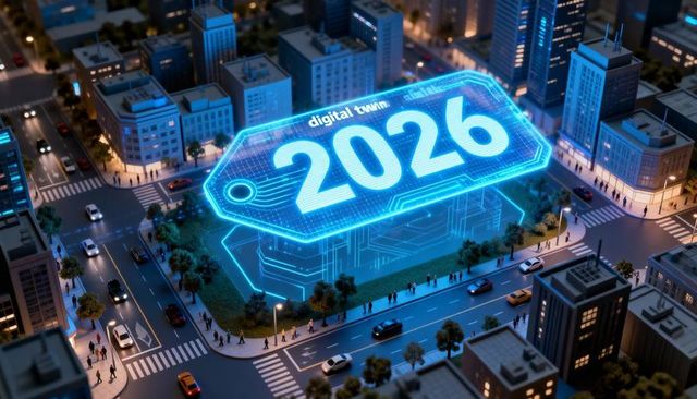 2026 digital twin hologram over urban park at night showing futuristic smart city neon