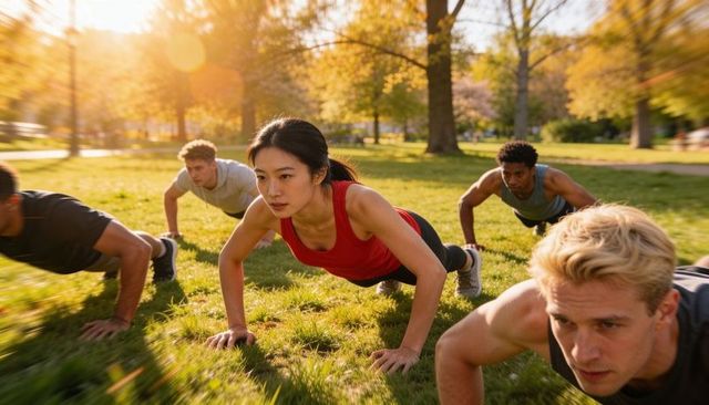 Group doing push-ups in park at sunrise, woman leading outdoor fitness workout session
