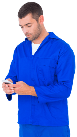 transparent male mechanic messaging on phone in blue uniform - Download Free Stock Videos Pikwizard.com