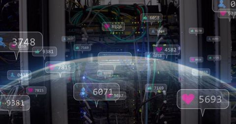 Digital Interactions: Social Media Icons Over Server and Globe