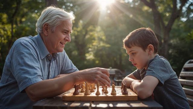 Grandfather and grandson enjoying outdoor chess game under sunlight