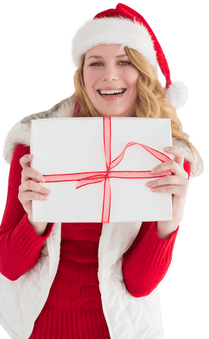 Smiling Woman in Santa Hat with Christmas Gift on Transparent Background