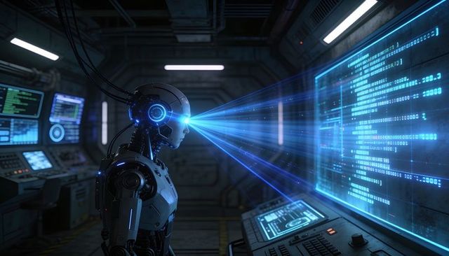 Humanoid Robot Scanning Data with Blue Holographic Beam in High-Tech Control Room
