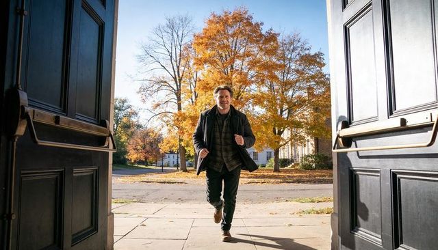 Middle-aged man running through open double doors into autumn campus with golden foliage