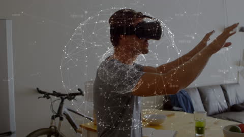 Man Engaging with VR Technology and Data Hologram