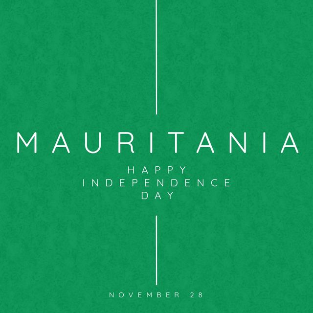 The image features text commemorating Mauritania's Independence Day, celebrated on November 28, against a green background. This design can be used for event promotions, online posts, banners, and educational materials related to Mauritania's national holiday.