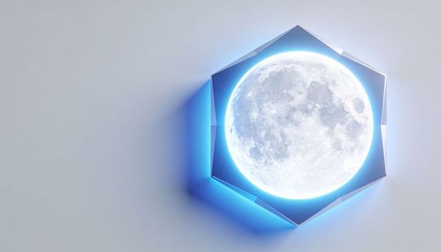 Glowing lunar light emitting blue halo inside hexagonal faceted wall fixture minimal ambient design