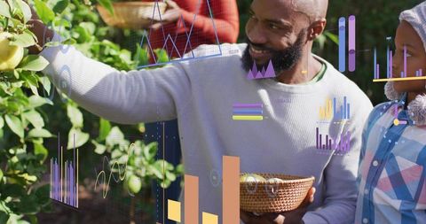 Family harvesting apples in backyard orchard with augmented data analytics overlay