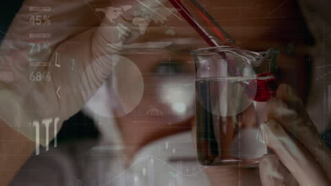 Scientist Analyzing Beaker with Digital Data Overlay