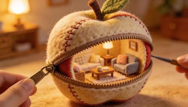 Needle-felted apple revealing miniature cozy living room diorama with metal zipper