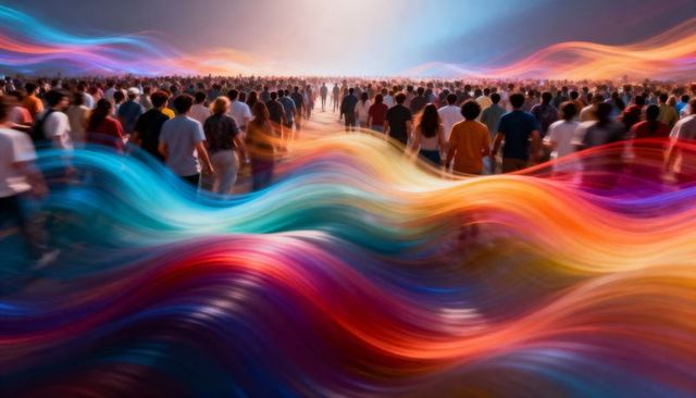Dense crowd moving toward bright horizon with vibrant color waves flowing across scene