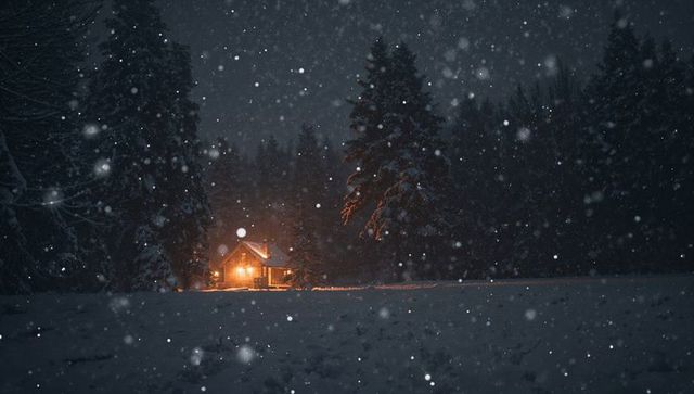 Glowing Wooden Cabin Casting Warm Light Across Snowfield at Night in Silent Pine Forest