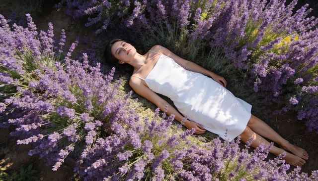 Lying in lavender field basking in sunlight wearing white sundress bare feet serene escape