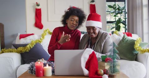 Festive Christmas Video Call with Family in Cozy Living Room