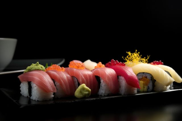 Close up of selection of sushi rolls on plate, created using generative ai technology. Food, sushi and fresh japanese cuisine concept digitally generated image.