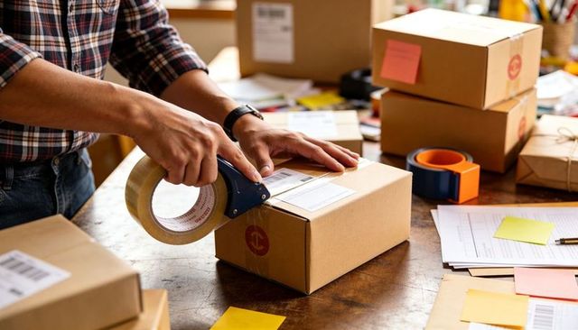 Sealing cardboard boxes at small business packing station with tape dispenser and labels
