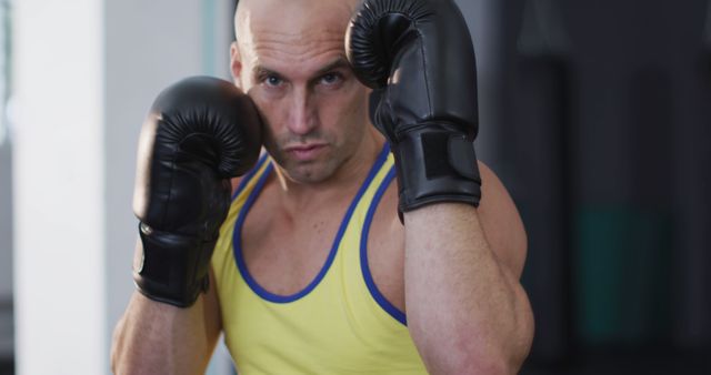 Portrait of caucasian male trainer wearing boxing gloves training at the gym. sports. training and fitness concept