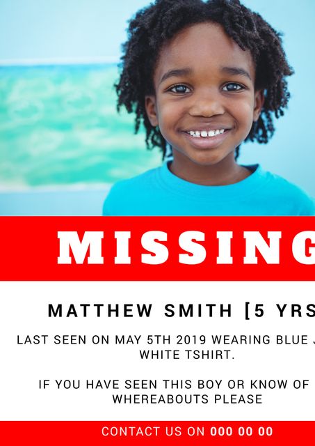 Informative poster detailing a missing child announcement, highlighting an urgent call for assistance. Image of a smiling boy captures attention, aiming to evoke both immediacy and hope in the search efforts. Ideal for use by emergency responders, communities, social media campaigns, or bulletin boards to spread awareness and mobilize help effectively.