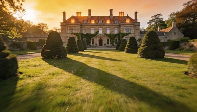 Sunset-bathing georgian manor with formal topiary lawn and ivy-clad symmetrical facade