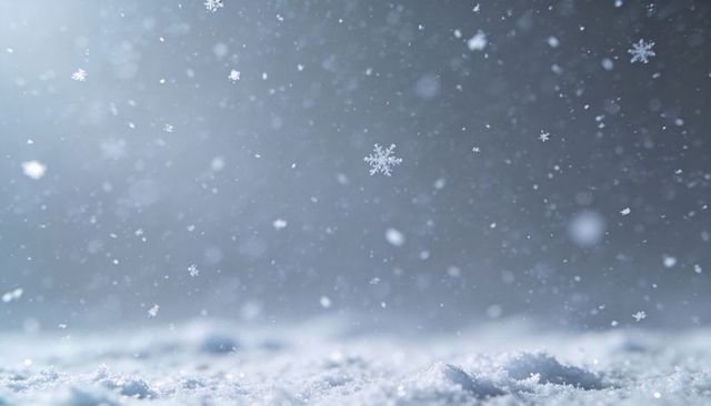 Floating macro snowflake over soft snowy ground with bokeh lights and serene winter frost