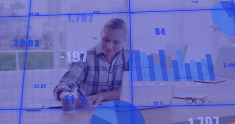Businesswoman analyzing data with charts and metrics overlay